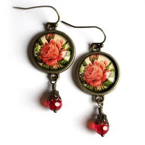 Victorian Tea Rose Dangle Earrings, Nickel-Free Bronze with Wire Hook